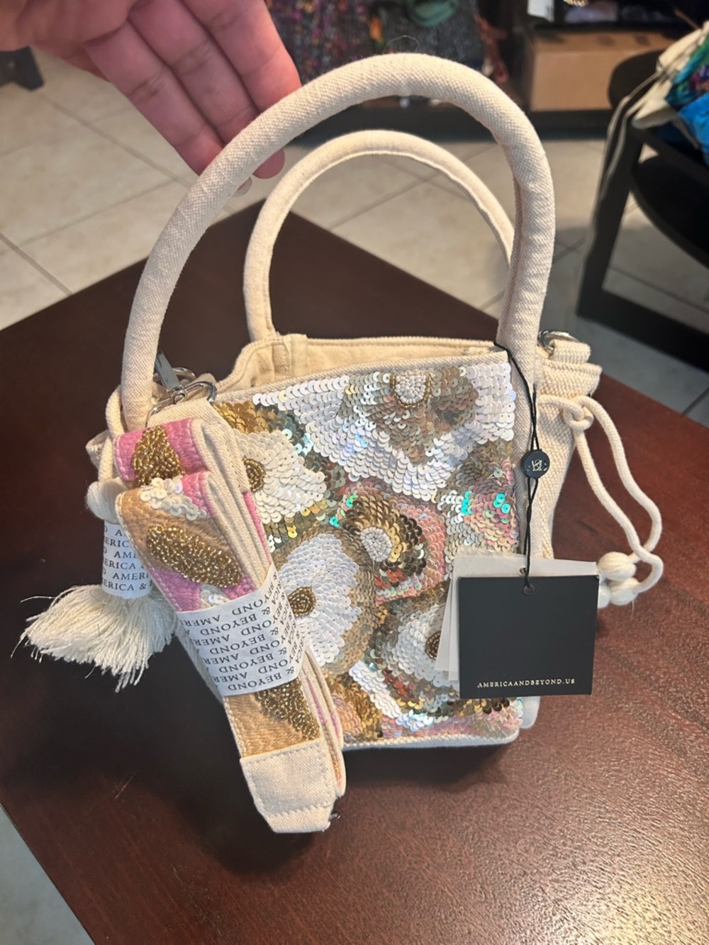 American & Beyond Cream Sequin Mini Tote Bag with Gold Accents